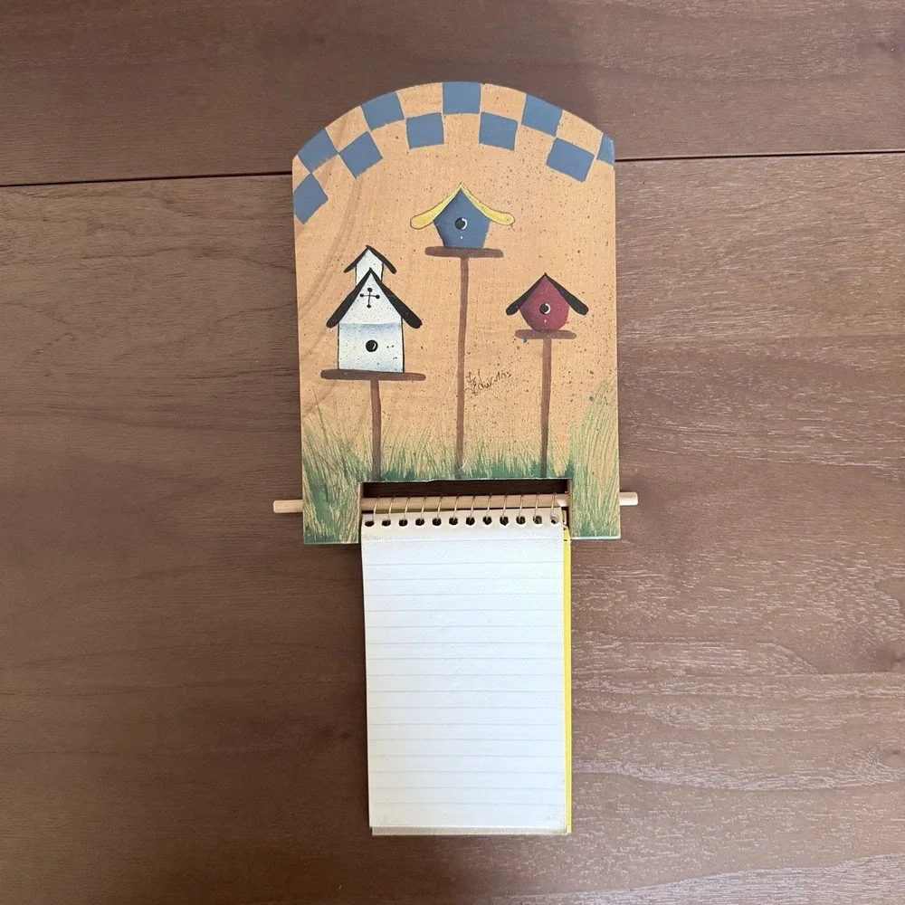 Vintage Wood Notepad Holder Cottage Core Birdhouses Nail Hung Hand Painted